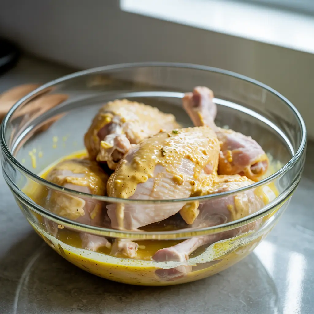 Chicken pieces soaking in a buttermilk marinade before frying.