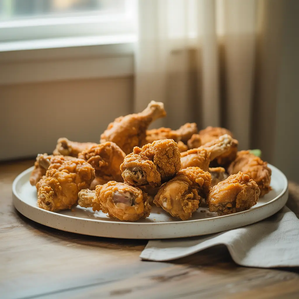 Golden crispy KFC-style fried chicken ready to serve.