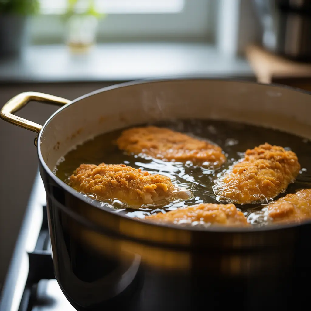 Breaded chicken frying in hot oil until golden brown.