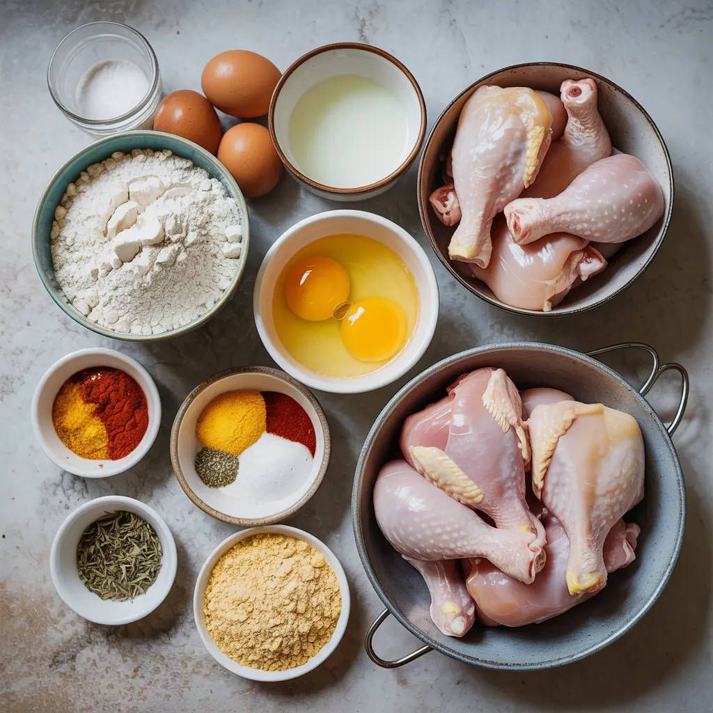 Ingredients for homemade KFC-style fried chicken arranged on a kitchen counter.