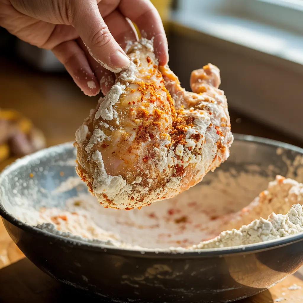 Chicken piece being coated in seasoned flour for crispy fried chicken.