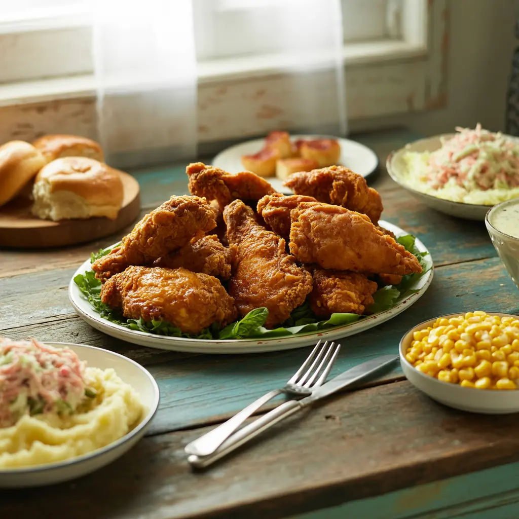 KFC-style fried chicken served with classic family dinner sides.