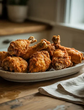 Crispy homemade KFC-style fried chicken pieces on a white serving platter.