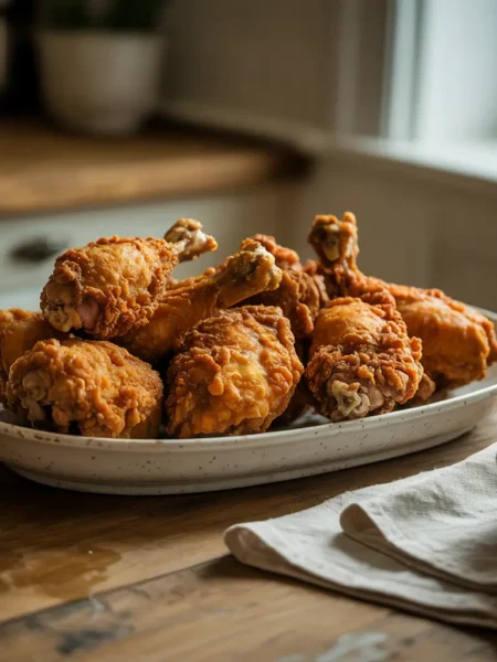 Crispy homemade KFC-style fried chicken pieces on a white serving platter.