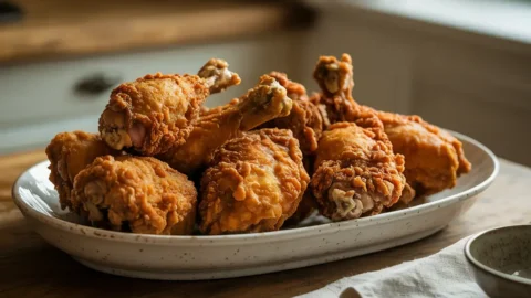 Crispy homemade KFC-style fried chicken pieces on a white serving platter.