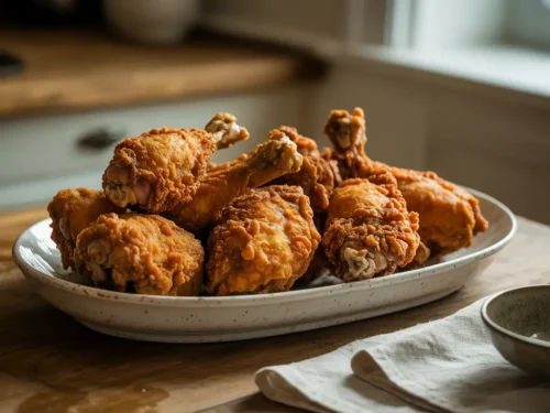 Crispy homemade KFC-style fried chicken pieces on a white serving platter.