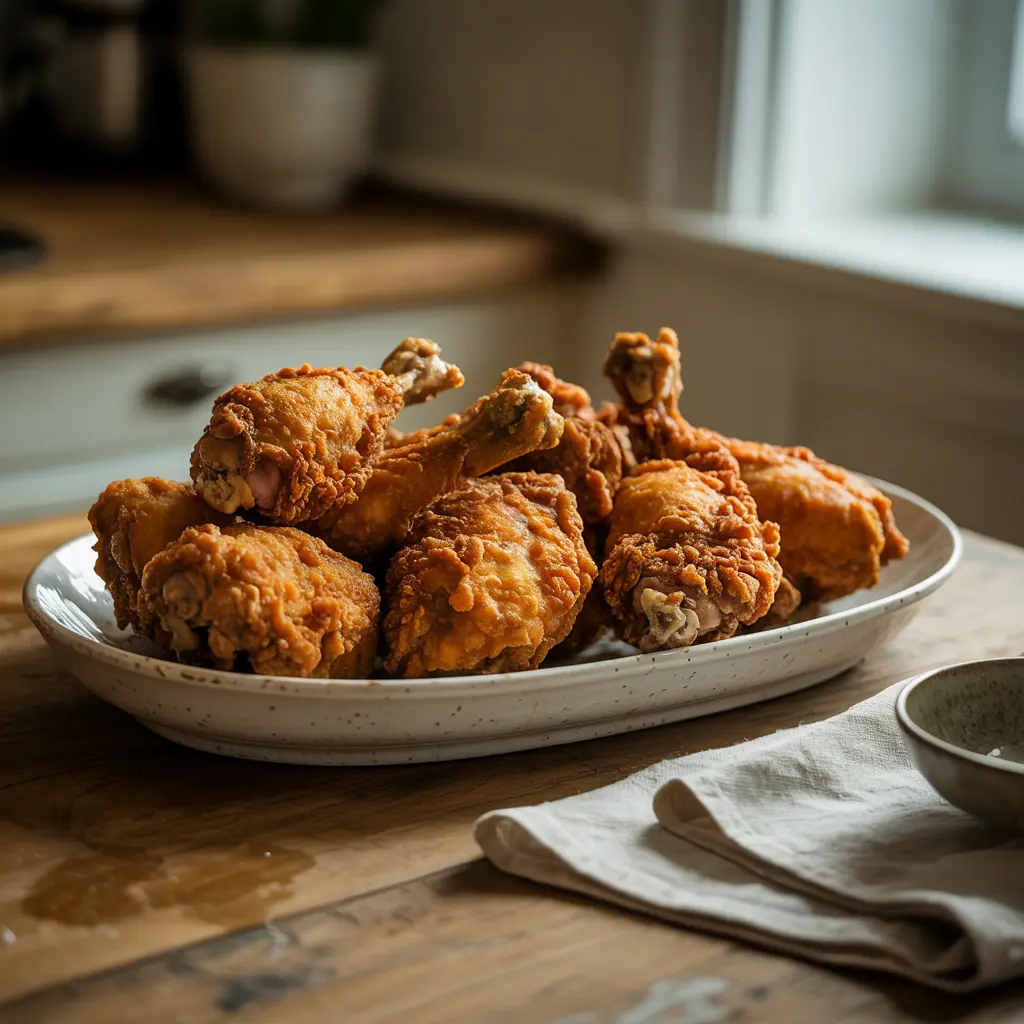Crispy homemade KFC-style fried chicken pieces on a white serving platter.