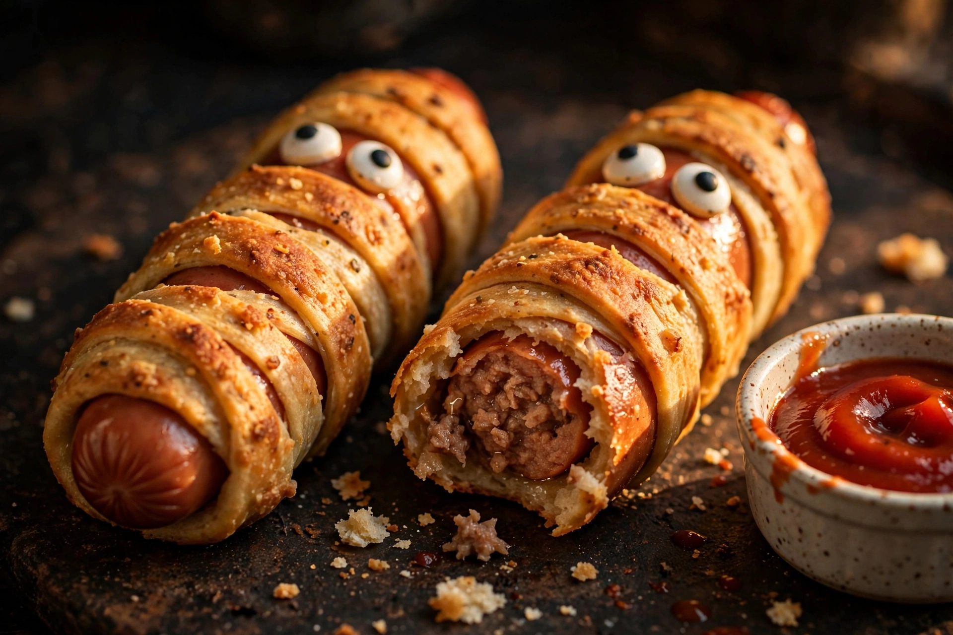 Close-up of baked mummy hot dog with candy eyes and ketchup
