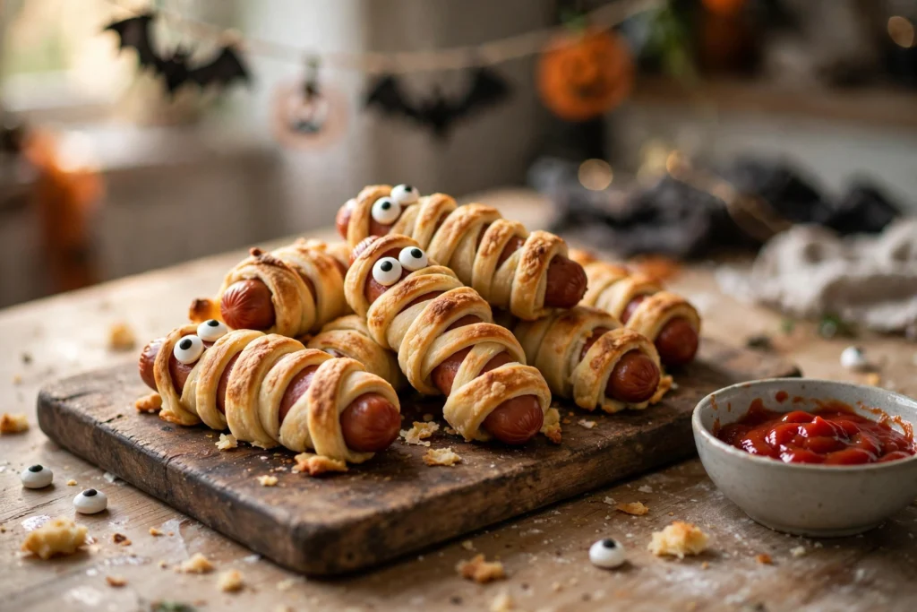 Mummy hot dogs wrapped in crescent dough with candy eyes on a wooden board