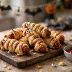 Mummy hot dogs wrapped in crescent dough with candy eyes on a wooden board