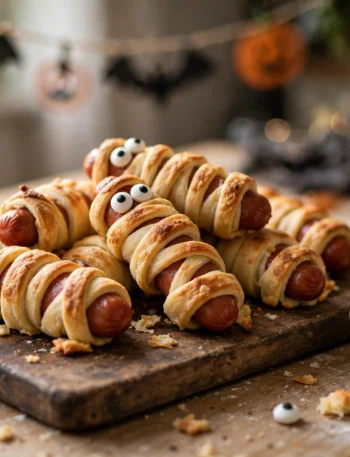 Mummy hot dogs wrapped in crescent dough with candy eyes on a wooden board