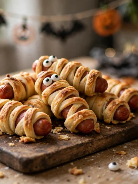 Mummy hot dogs wrapped in crescent dough with candy eyes on a wooden board