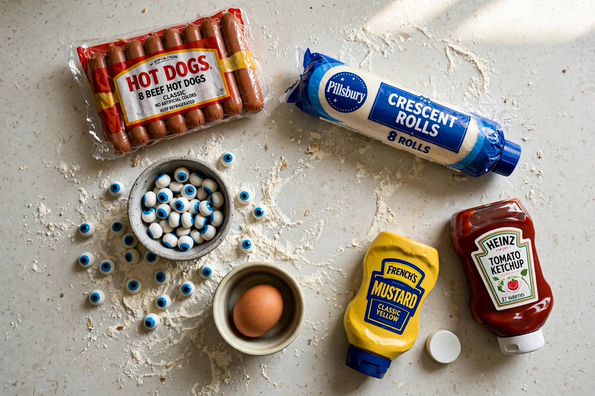 Ingredients for mummy hot dogs: hot dogs, crescent dough, candy eyes, egg, mustard