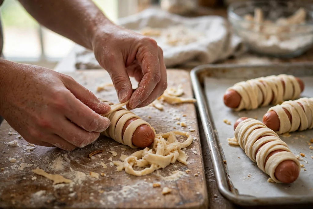 Wrapping crescent dough strips around a hot dog