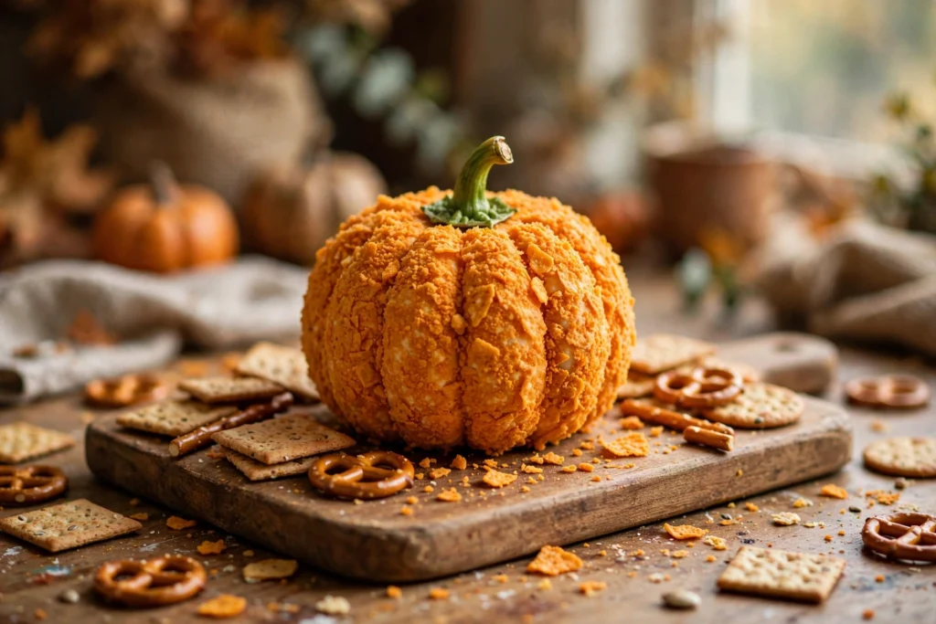Pumpkin-shaped cheese ball with bell pepper stem surrounded by crackers
