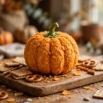 Pumpkin-shaped cheese ball with bell pepper stem surrounded by crackers