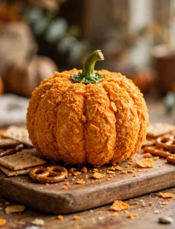 Pumpkin-shaped cheese ball with bell pepper stem surrounded by crackers