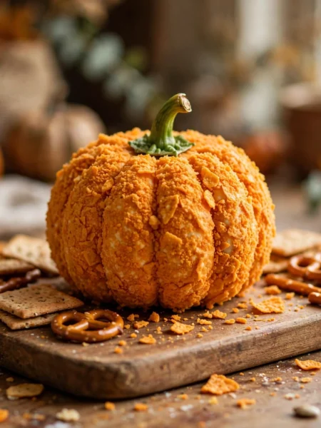 Pumpkin-shaped cheese ball with bell pepper stem surrounded by crackers