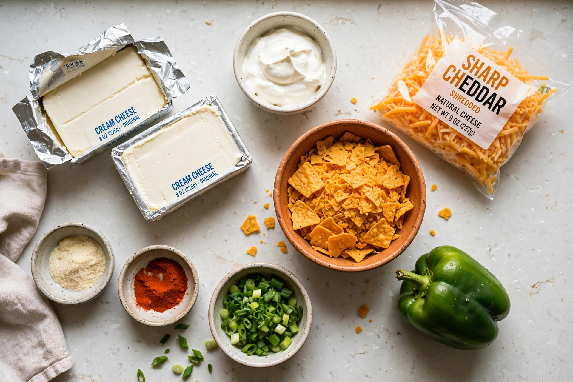 Ingredients for pumpkin cheese ball: cream cheese, cheddar, sour cream, chips, bell pepper
