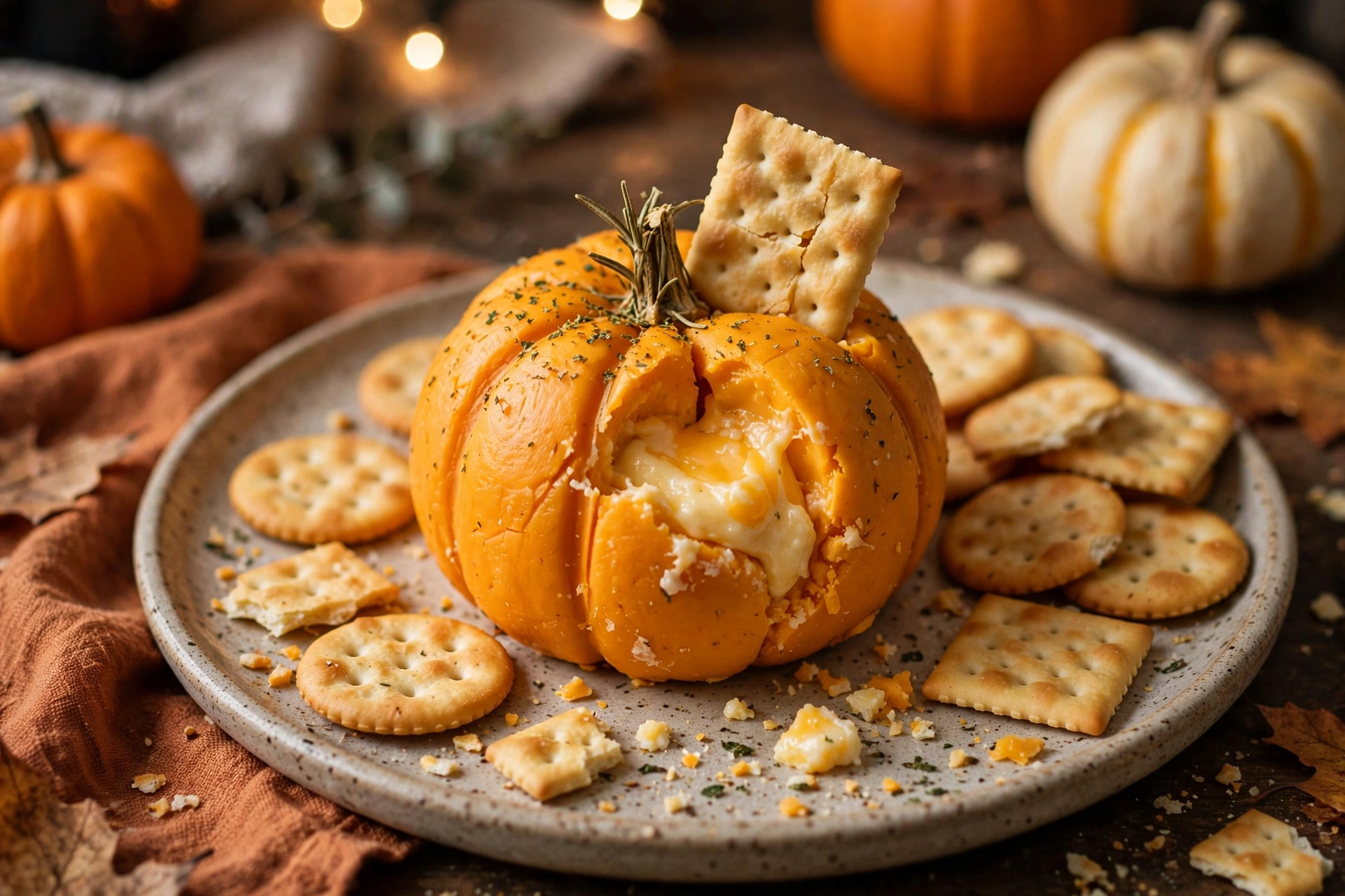 Pumpkin cheese ball with a cracker showing creamy cheddar interior