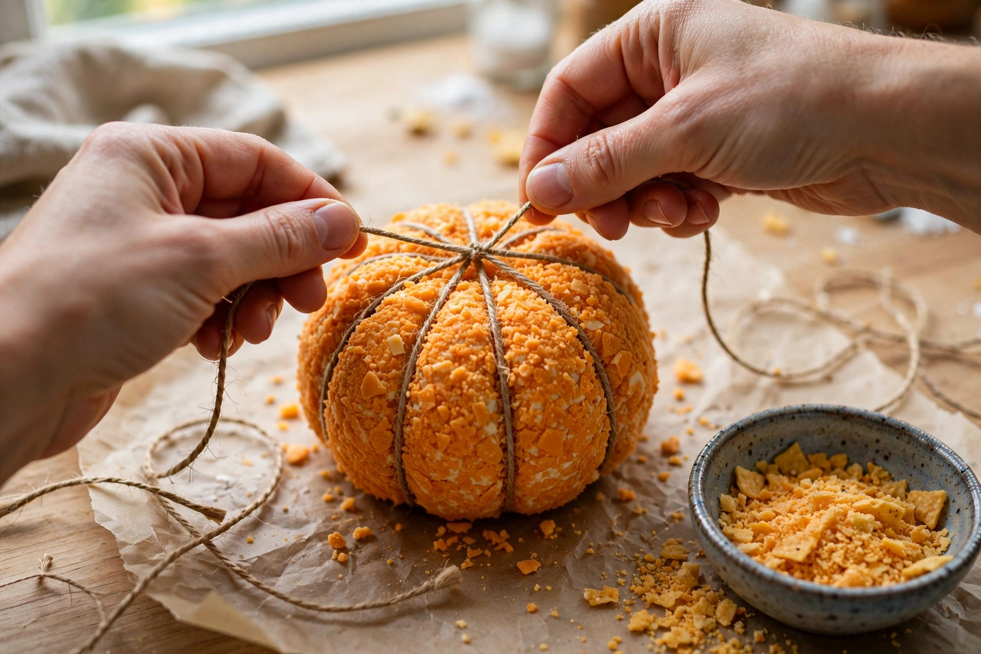Tying kitchen twine around a cheese ball to form pumpkin ribs